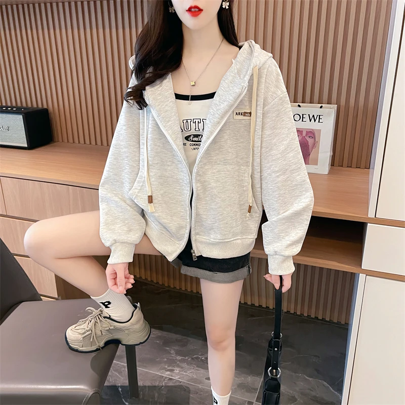 春秋新款女士连帽开衫拉链设计感短款洋气休闲韩版长袖时尚卫衣女