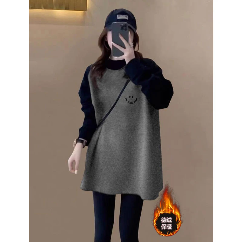 德绒大码打底衫女秋冬洋气拼色半高领中长款遮屁股加厚保暖上衣女