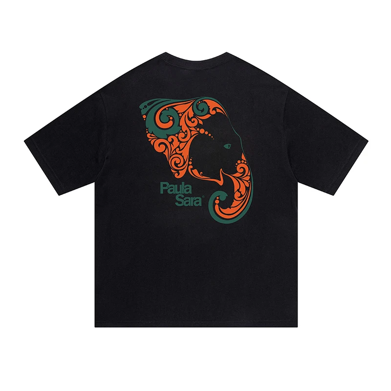 Paulasara2023新款短袖T恤男士印花黑色短T女百搭情侣装潮玩新品
