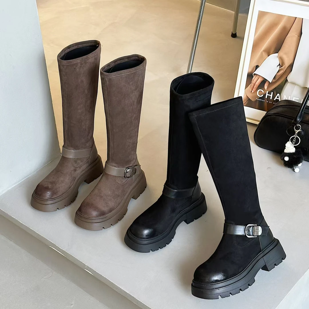 2025早秋新款羊京绒长筒靴 复古时尚百搭厚底靴 5926-1