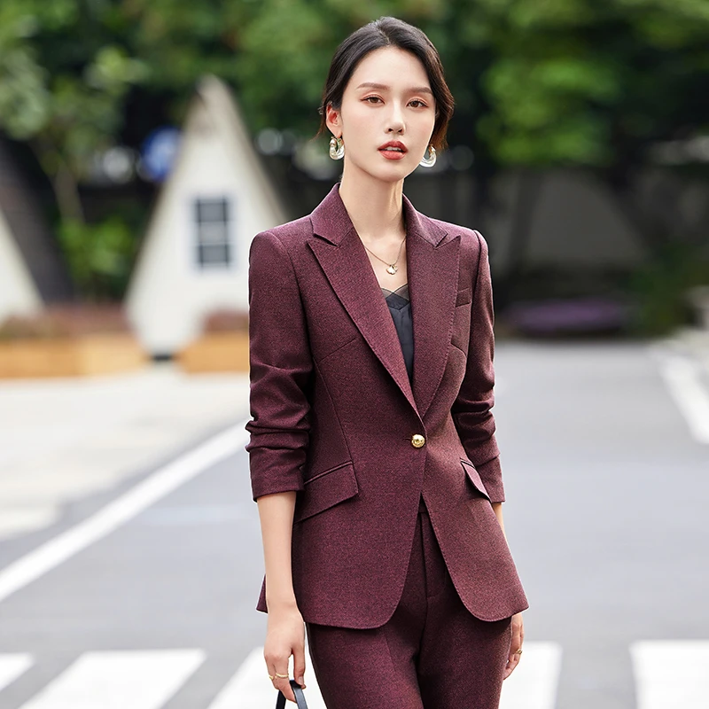 酒红色西装外套女商务高端气质职业套装正装高贵上档次西装女