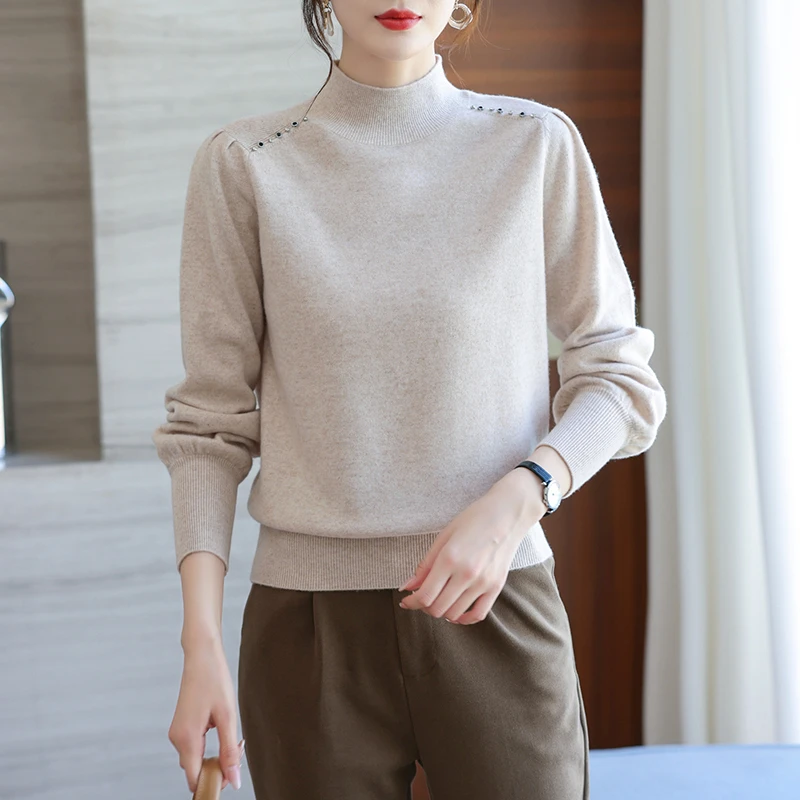 羊毛衫女100%纯羊毛洋气秋冬加厚半高领宽松上衣内搭纯色毛衣女