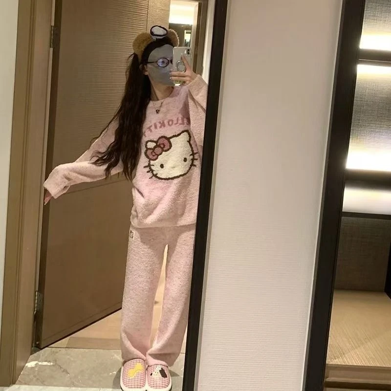 珊瑚绒睡衣少女秋冬季加厚加绒可爱卡通KT猫毛绒家居服套装