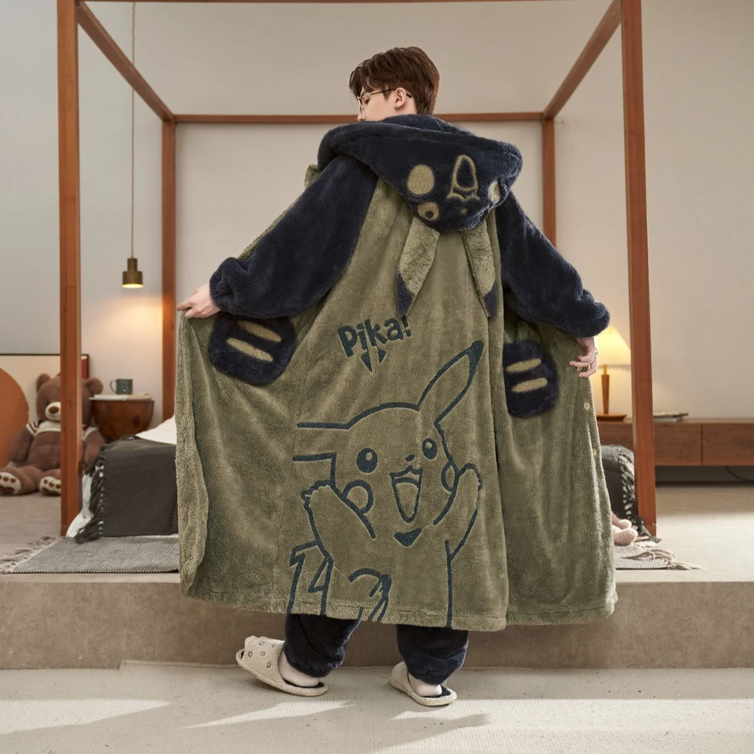 保暖秋冬季加厚珊瑚绒情侣睡衣男士法兰绒长款女款睡袍恐龙家居服