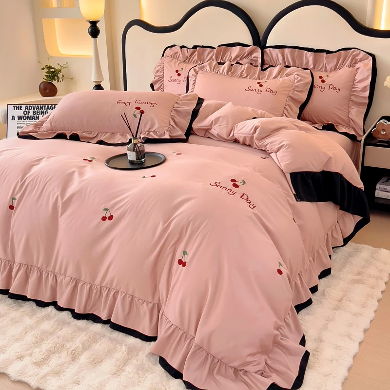水洗棉秋冬季加厚磨毛四件套高档刺绣床品少女心双层花边被套床单