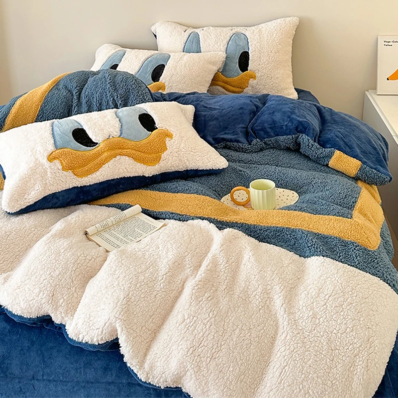 迪士尼加厚羊羔牛奶绒四件套冬季保暖珊瑚绒被套加绒面床单三件套