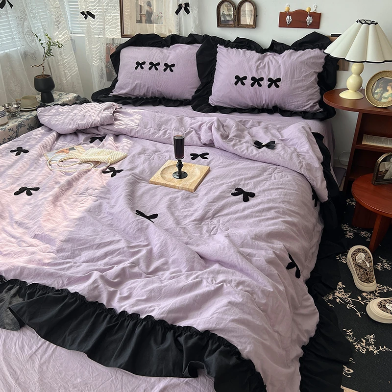 ins法式毛巾绣花边夏凉被四件套紫色蝴蝶结夏天空调被子宿舍三件4