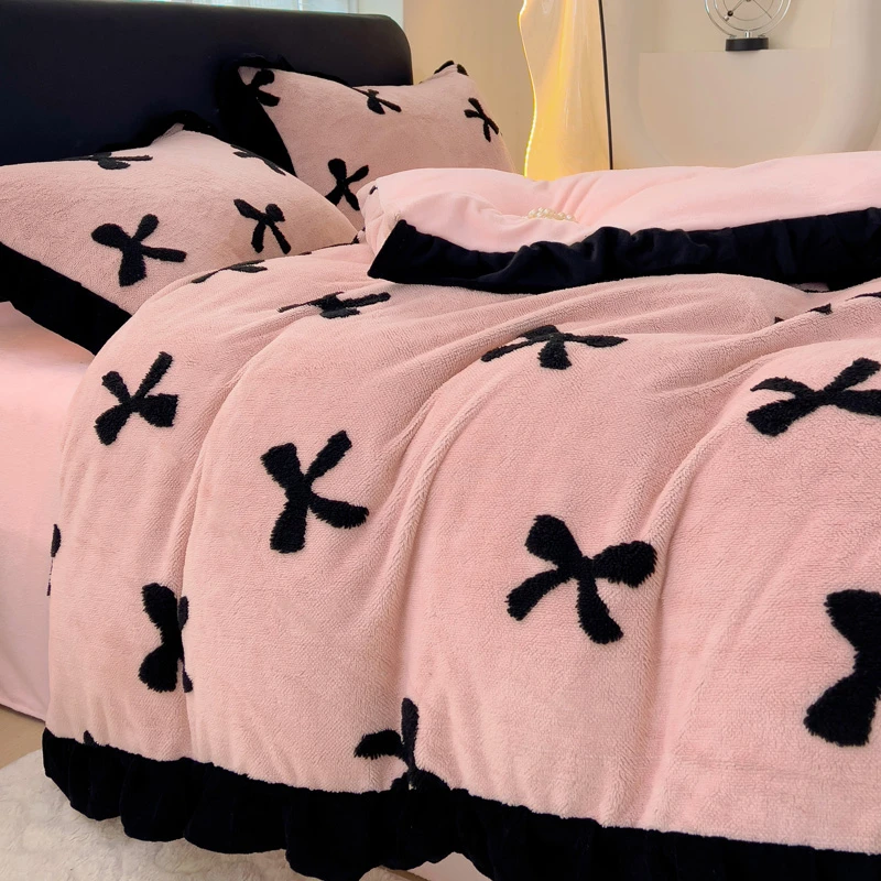 公主风蝴蝶结粉色牛奶绒四件套珊瑚绒加厚加绒被套冬季床上双面绒