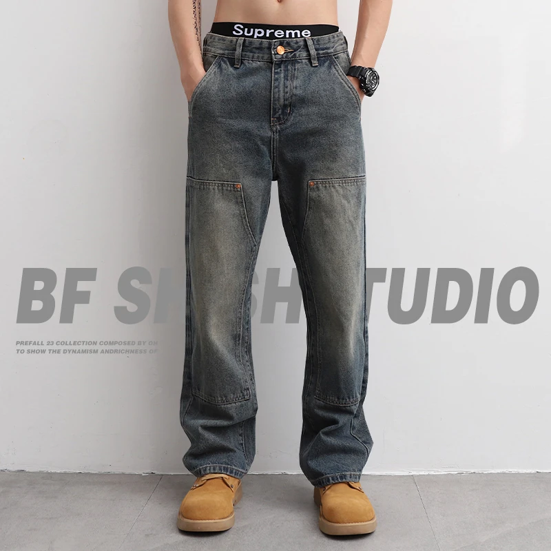 美式高街复古拼接直筒工装牛仔裤男宽松2025新款水洗痞帅伐木裤子