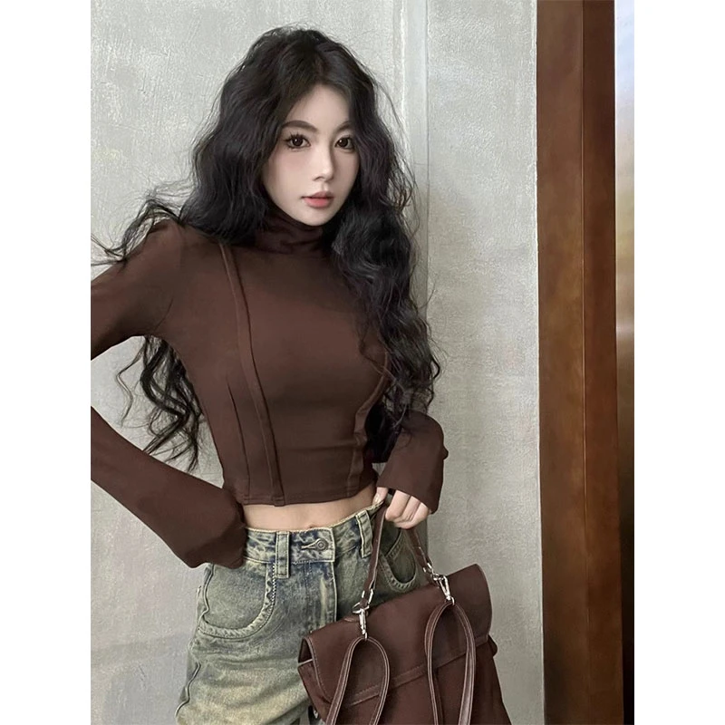 纯欲辣妹鱼骨短款上衣女秋冬修身显瘦长袖t恤高领打底衫德绒内搭