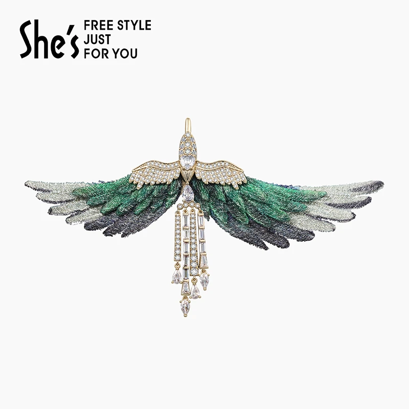 铜合金合成锆石胸针 shes情人鸟轻奢西装刺绣羽翼流苏胸针重工