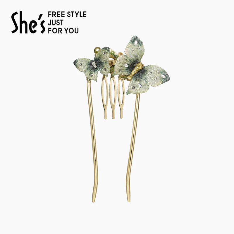 shes自然复刻轻奢原创刺绣蝴蝶发簪U型盘发古风簪子国潮簪发复
