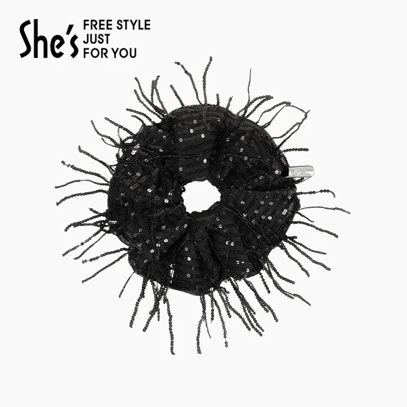 【福利款】shes黑色流苏亮片发圈皮筋头绳大号小号气质复古发绳