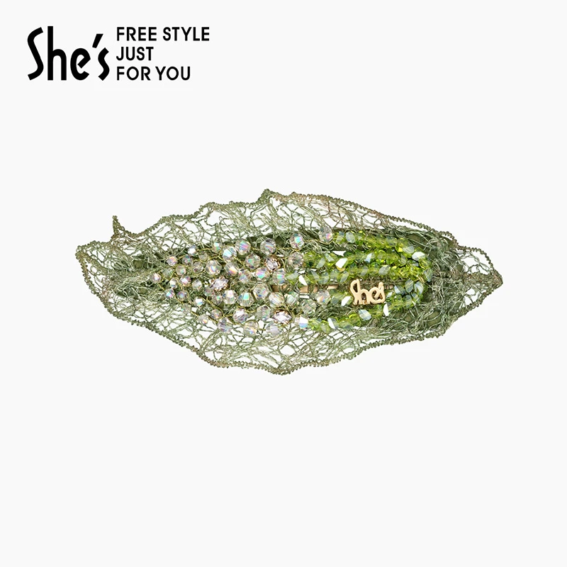 shes卢梭假日原创璀璨编织绿叶刘海边夹盘发侧夹发饰女