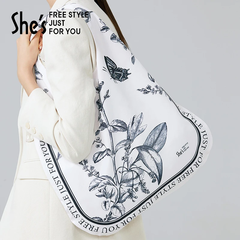 茜子蝶花斜影植物印花大号手提袋单肩大容量托特包休闲