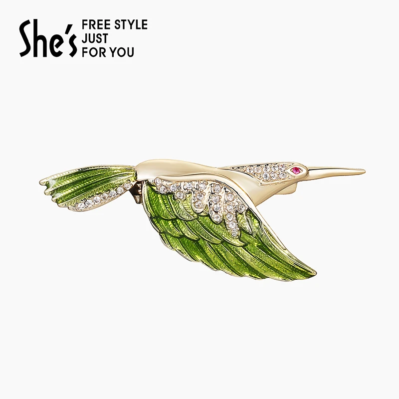 惠铜合金合成锆石胸针 shes情人鸟绿蜂鸟灵动中号胸针小众胸花