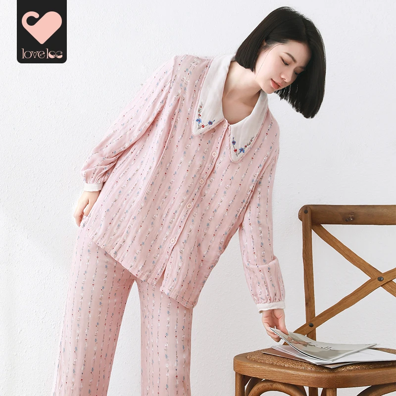 loveloc月子服孕妇秋冬睡衣竹棉纱布产后哺乳家居服套装透气