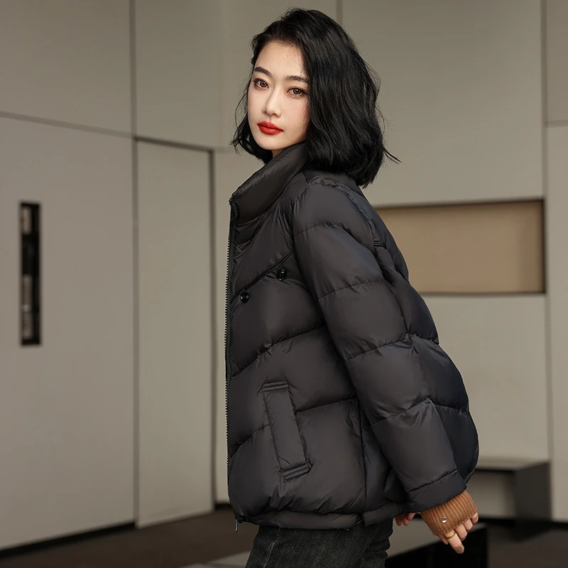 2024新款韩版女立领双扣短款百搭宽松时尚冬季白鸭绒保暖外套