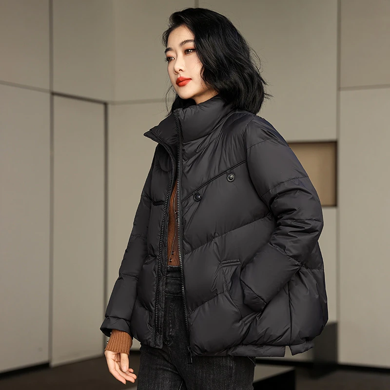 2024新款韩版女立领双扣短款百搭宽松时尚冬季白鸭绒保暖外套