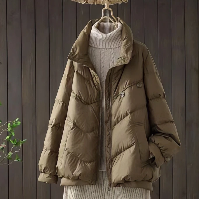 24新款双扣短款韩版立领百搭宽松时尚冬季面包服白鸭绒保暖外套显