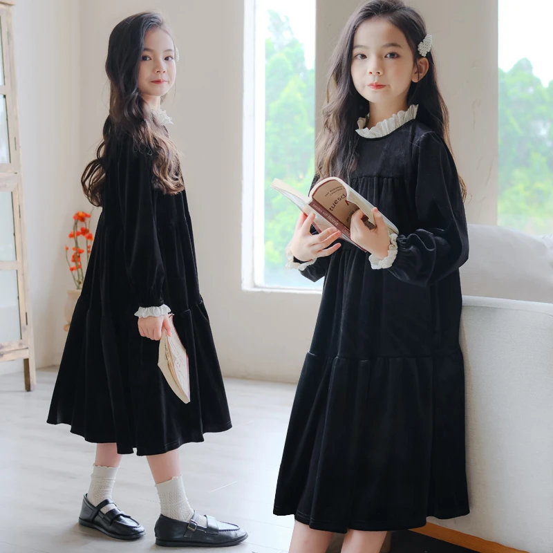 女童气质丝绒连衣裙秋冬女孩加绒蛋糕公主裙中大童显瘦黑礼服长裙