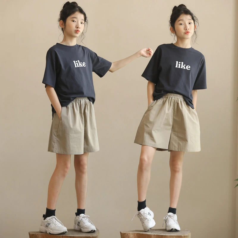 女童纯棉阔腿短裤夏季套装运动风宽松裤子中大童学生休闲薄款裙裤