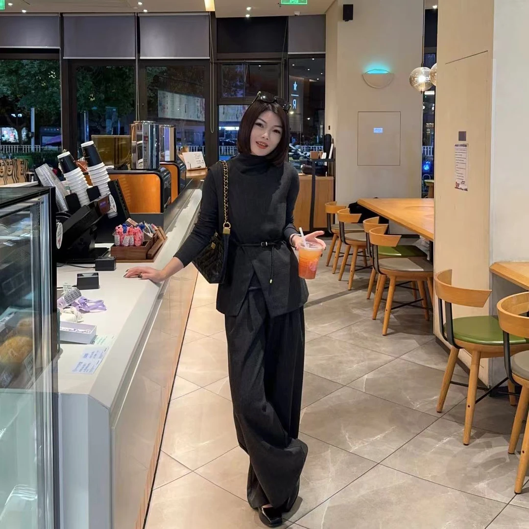 玳妮【灰调三件套】秋季不规则西装马甲+糯米打底+时装阔腿裤三件套