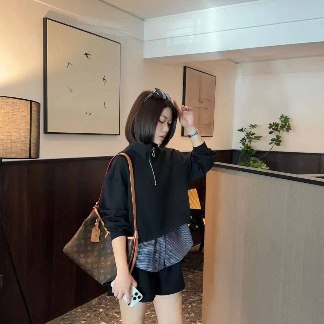 玳妮【半拉链卫衣】秋季 立领假两件格纹拼接休闲卫衣 宽松套头卫衣