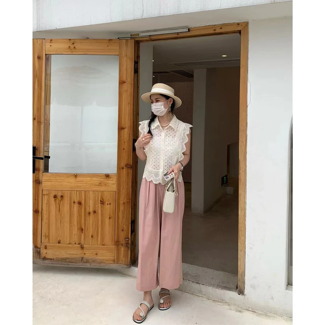 【萍萍推荐】夏季 翻领刺绣镂空花边小衫+松紧腰阔腿裤两件套