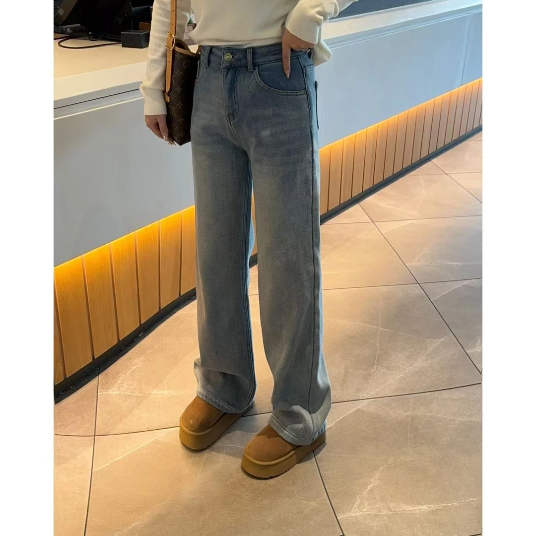 【笑脸刺绣阔腿裤】冬季刺绣加绒水洗窄版阔腿裤直筒加厚牛仔裤