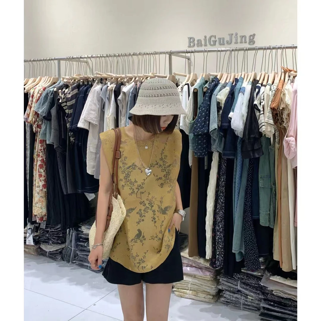 【萍萍推荐】夏季 圆领无袖A版喜上眉梢提花小衫单排扣微透衬衣