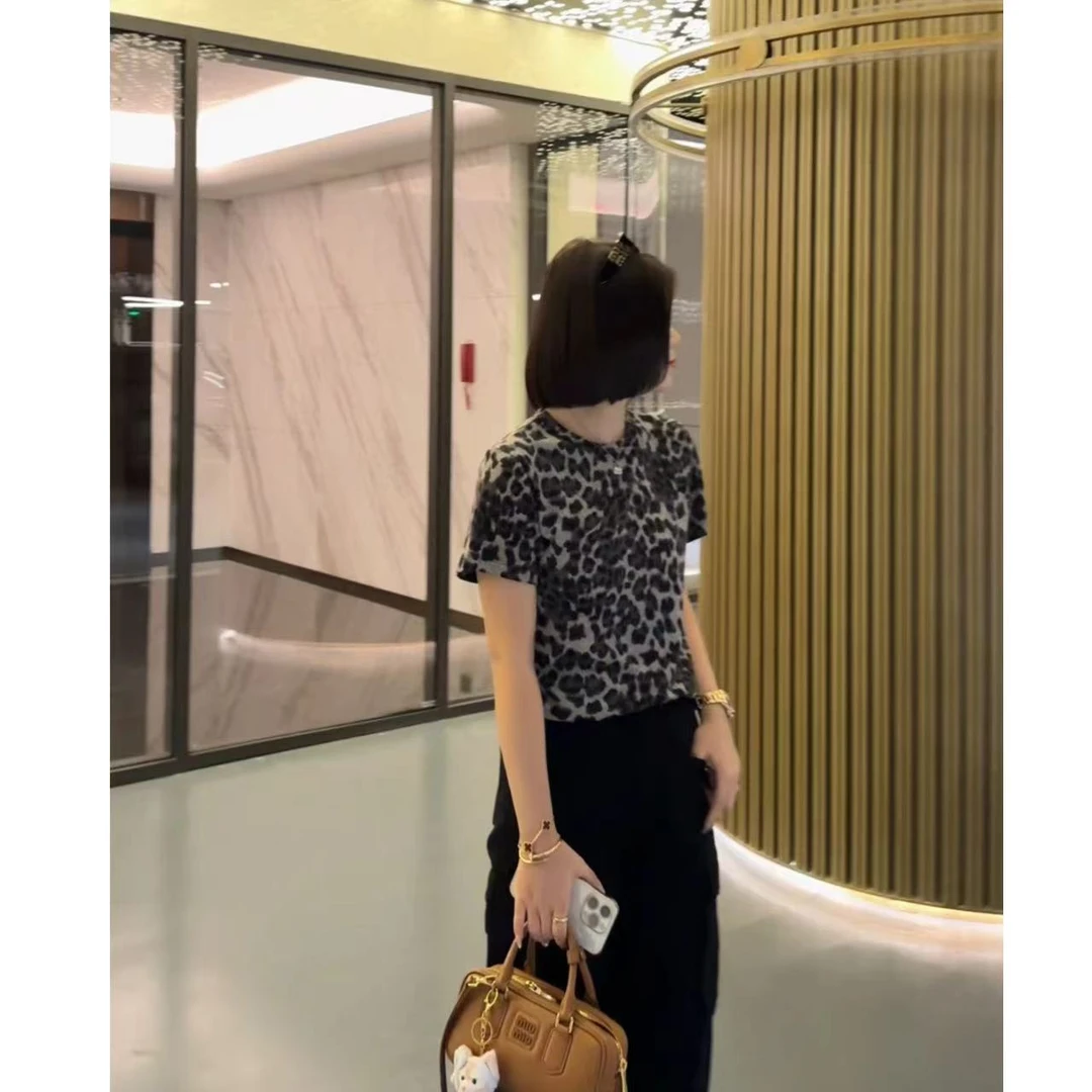 玳妮【萍萍推荐】秋季 圆领豹纹撞色重磅磨毛感半袖上衣弹力休闲T恤