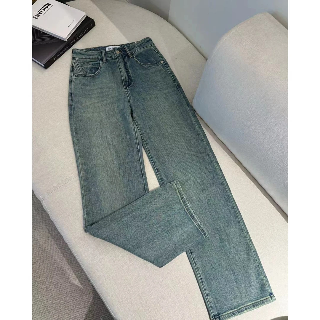 【萍萍推荐】夏季高 腰波浪纹走线窄版直筒裤 浅色系显瘦牛仔