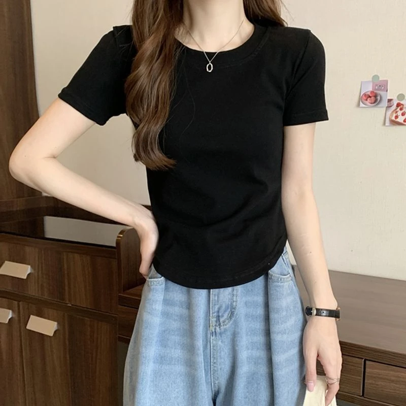 纯欲不规则下摆圆领短袖t恤女夏季新款内搭别致收腰小衫打底上衣