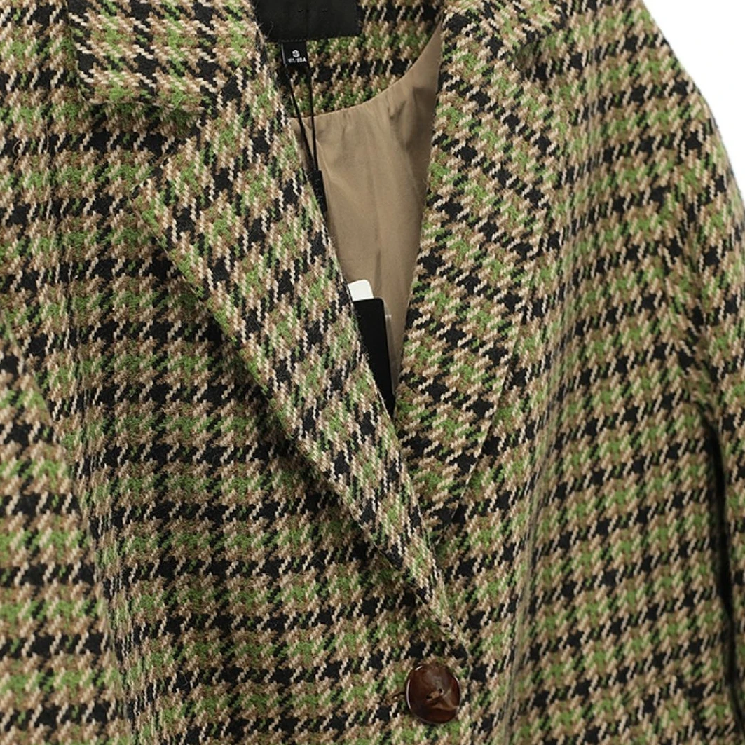 7854 格子毛呢外套可拆卸连帽西装英伦风外套