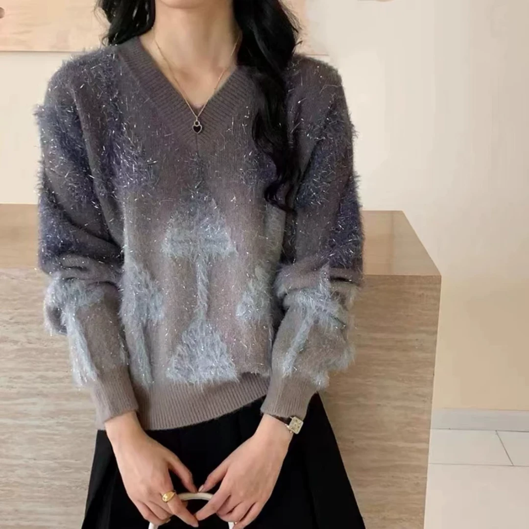 15859 温柔风软糯百搭渐变色宽松短款V领上衣