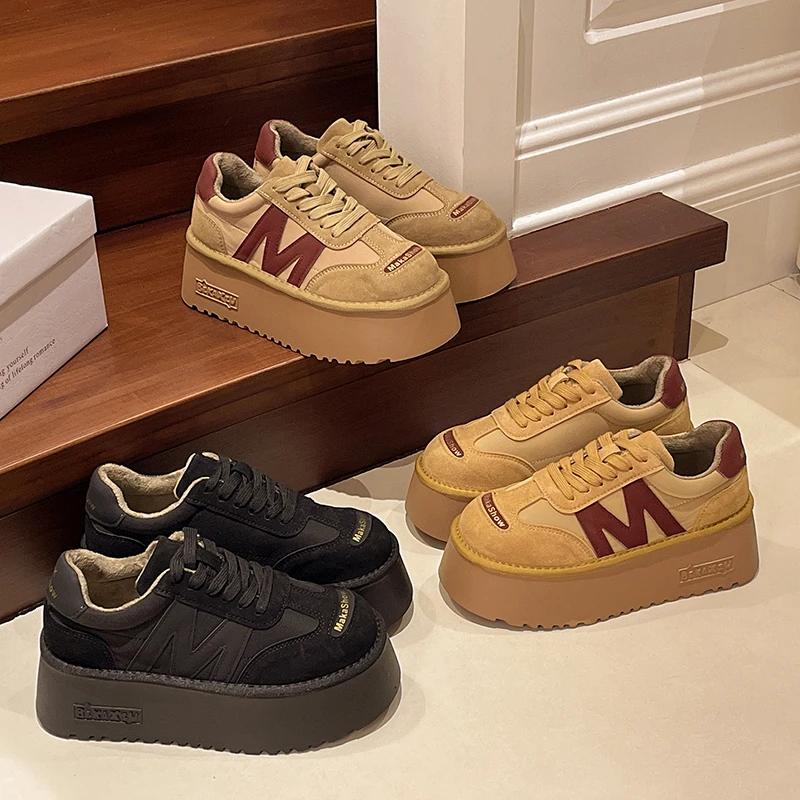 厚底松糕鞋女2024秋冬新款加绒保暖内增高休闲运动板鞋大头面包鞋