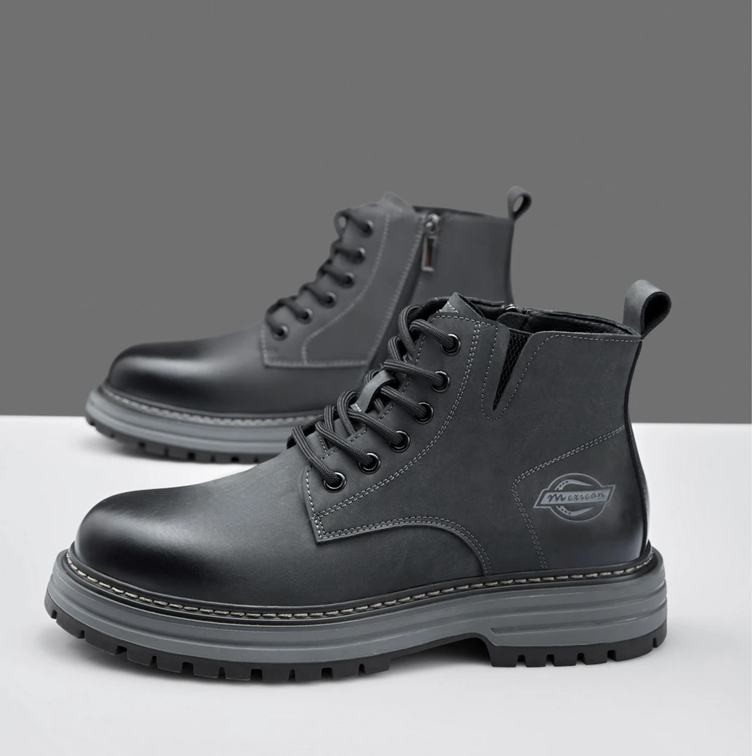 33号稻草人马丁靴男款秋冬厚底短靴沙漠工装靴真皮户外高帮男靴子