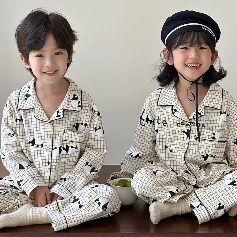 Little common小平常儿童睡衣格子熊猫图案男童女童纯棉家居服