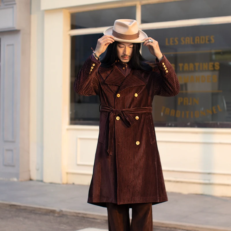 SOARIN英伦复古灯芯绒中长款大衣男 冬季大翻领商务休闲风衣外套