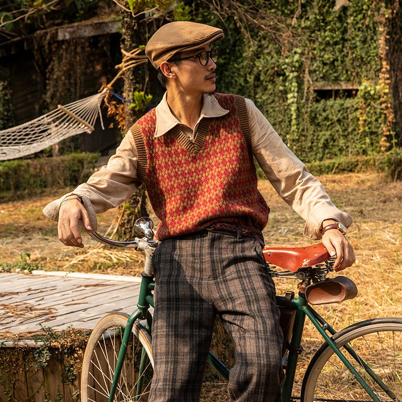 SOARIN复古风菱格毛衣背心男 英式古着Vintage针织衫毛线马甲坎肩