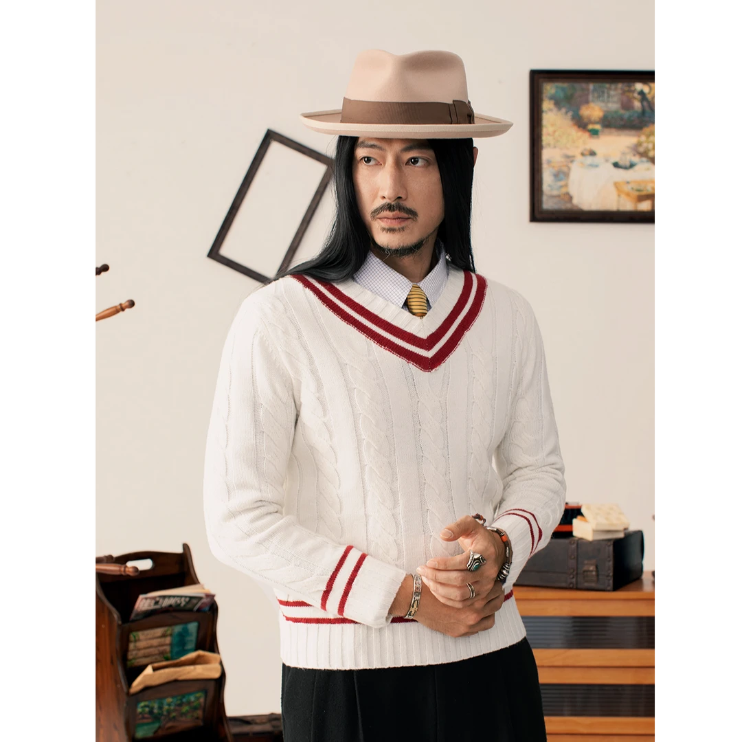 SOARIN英伦复古V领针织毛衣男 学院风撞色绞花休闲宽松打底毛线衣