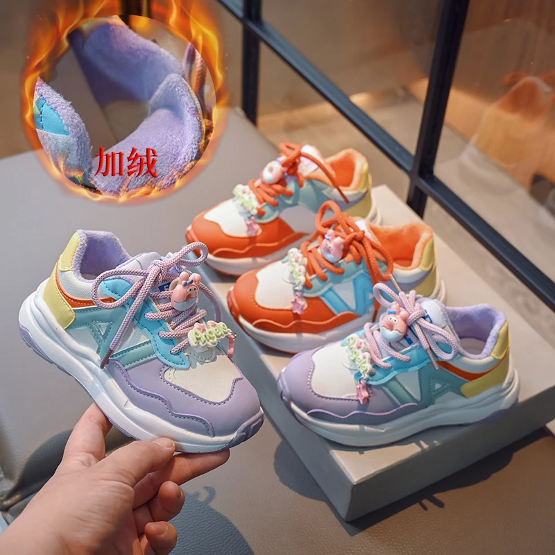儿童2024运动鞋秋冬新款女童老爹鞋软底加绒保暖休闲阿甘鞋5001