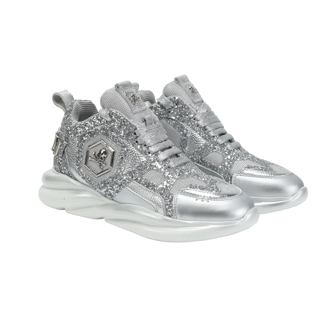 PHANTOM PLEIN经典时尚男士百搭牛皮厚底低帮银色点钻亮面休闲鞋