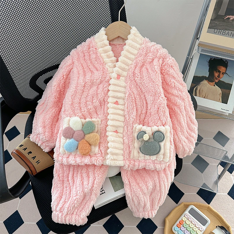 女童冬装睡衣洋气宝宝时髦甜美家居服套装儿童秋冬款加绒加厚衣服