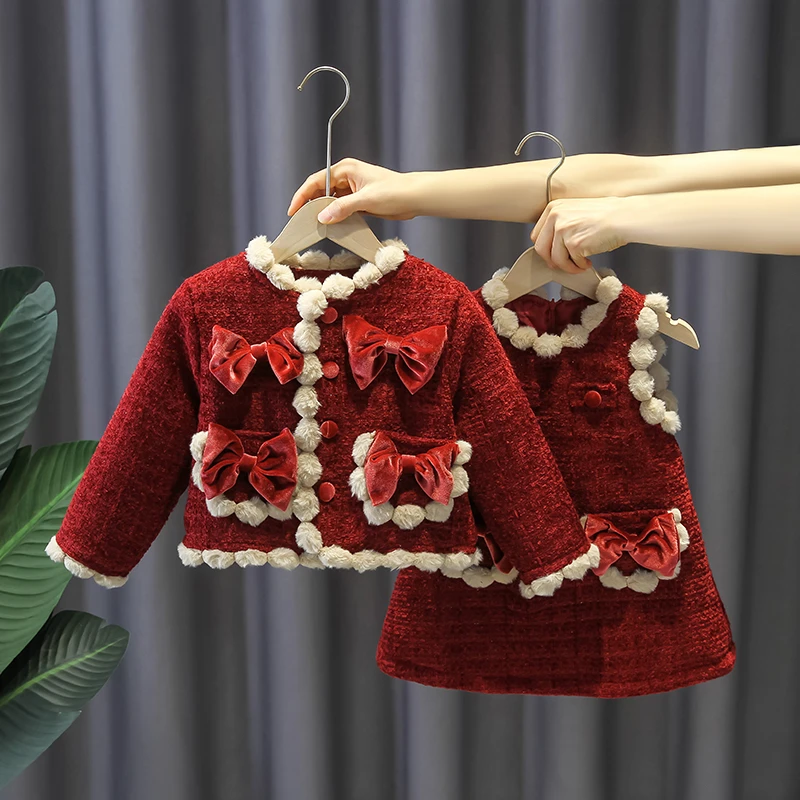 儿童冬季套装洋气红色两件套宝宝加厚保暖童装女童超仙喜庆拜年服