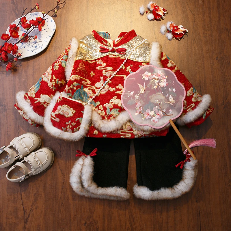 女童汉服喜庆红色套装儿童冬季加绒加厚周岁礼服女宝宝洋气两件套