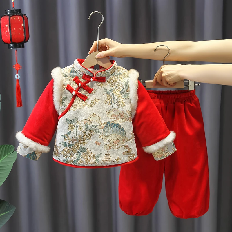 汉服女童红色喜庆拜年服套装儿童国风唐装女宝宝加绒加厚洋气童装