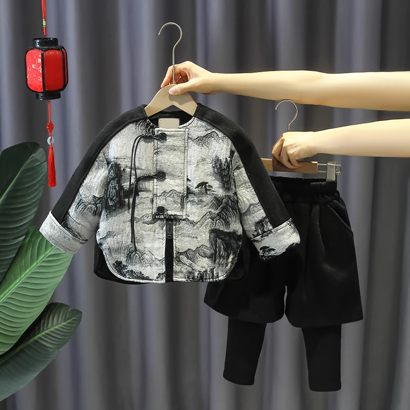 儿童汉服冬季2025新款儿童夹棉加厚新中式套装男童中国风水墨唐装