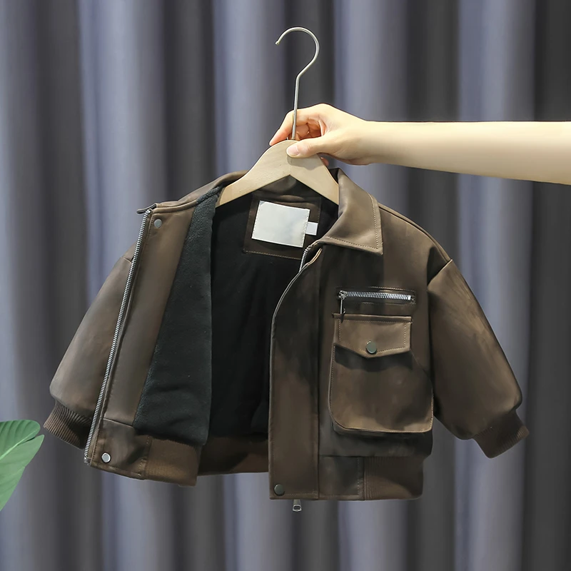 男童外套2024新款秋冬装儿童加绒加厚时髦皮衣宝宝冬季洋气上衣潮